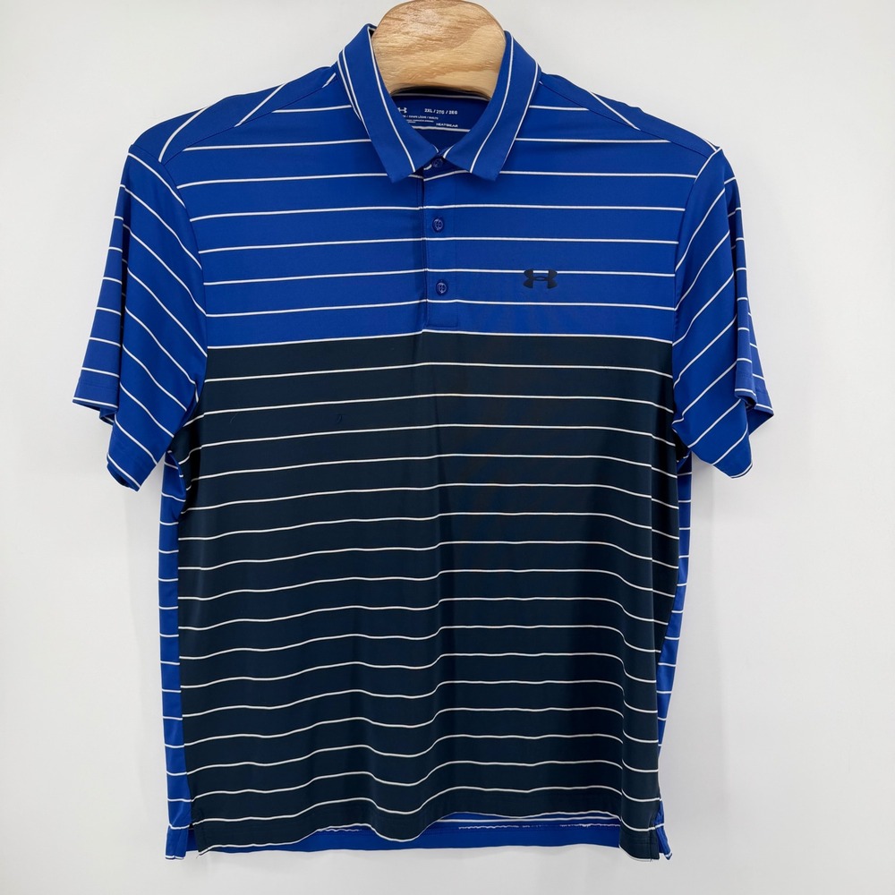 Under Armour Polo Mens 2XL Blue Striped HeatGear Short Sleeve Loose Fit Active